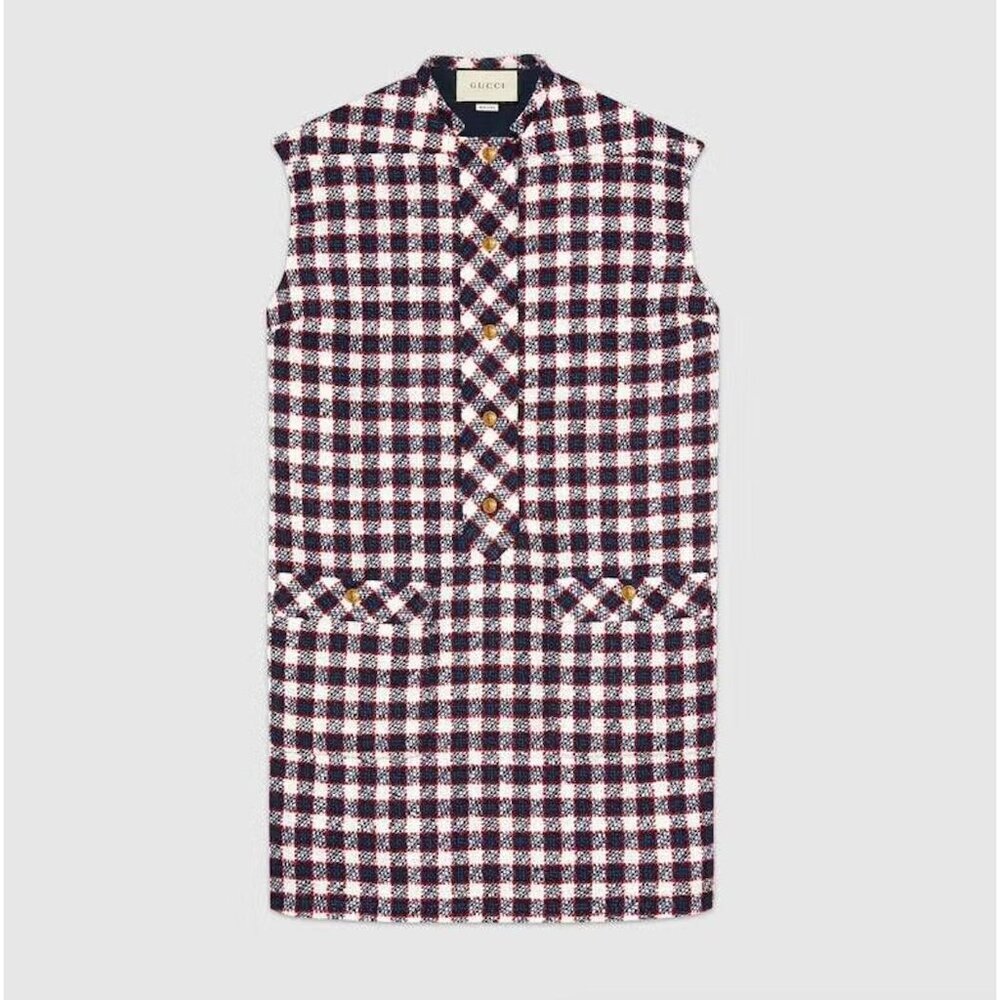 NWT Gucci Check Tweed Tunic Dress in Blue Size 40